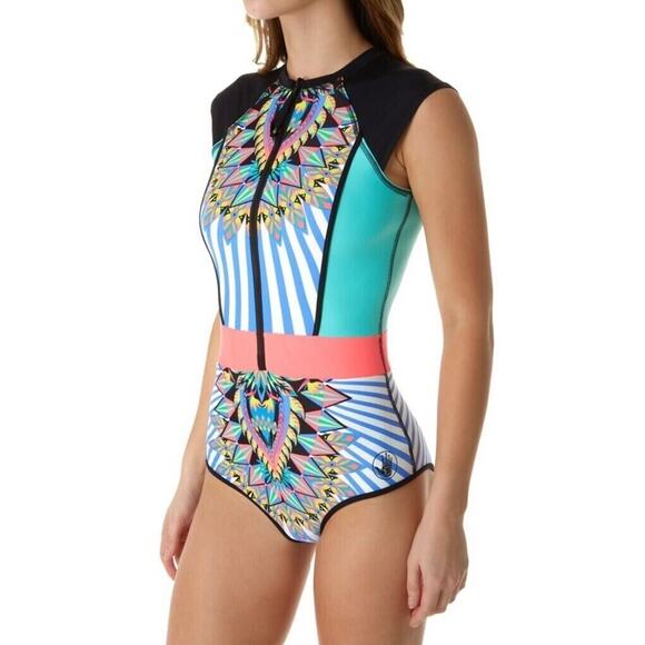 $128 BODY GLOVE Look At Me Stand Up Surf Suit Swimsuit Neon One Piece Zip L - Picture 2 of 9
